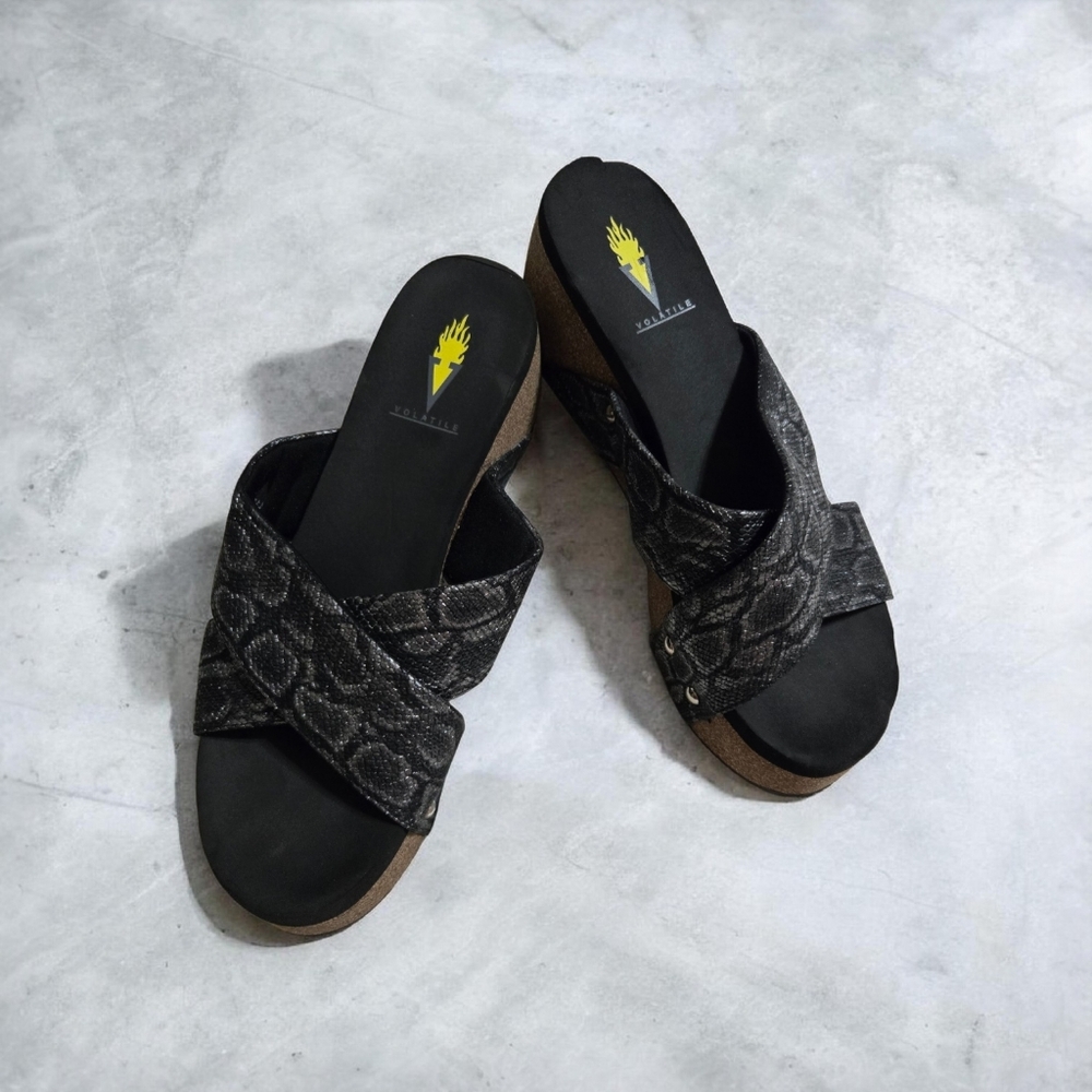 Black Snake-Print Crisscross Wedge Sandals By Volatile Size 8 EUC